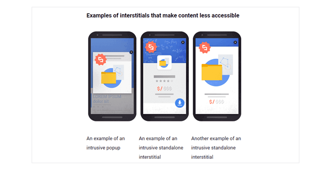 Exemples de popups de Google qui pénaliseraient la page