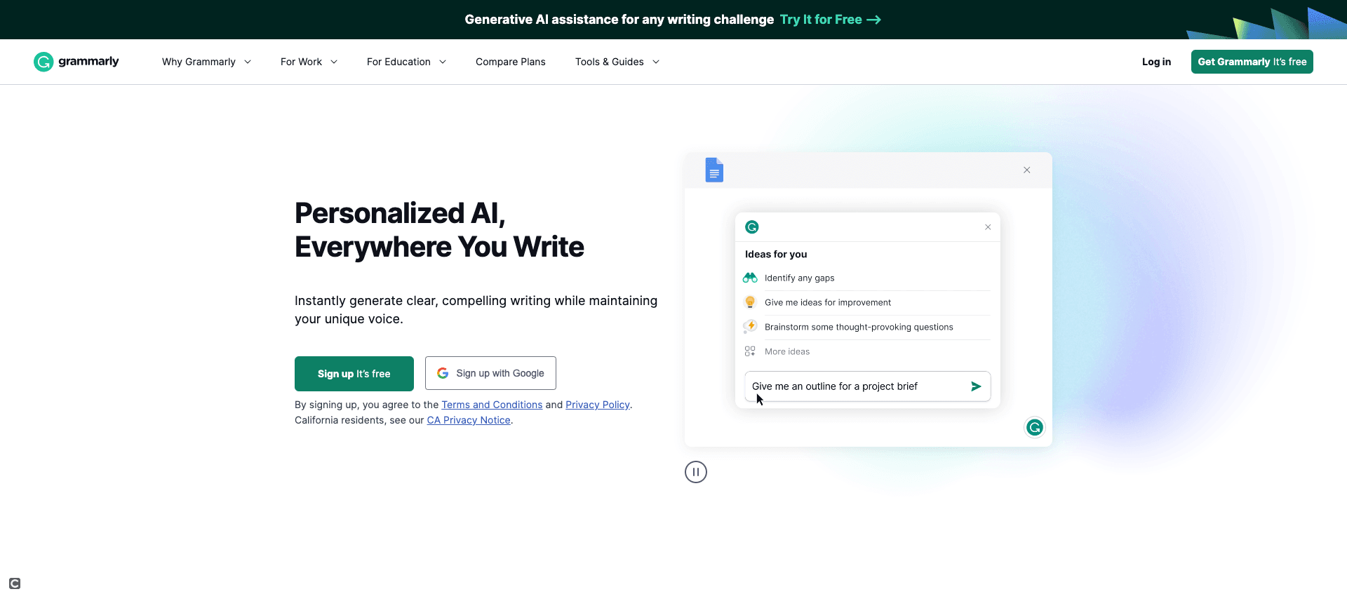 Page d'accueil de Grammarly