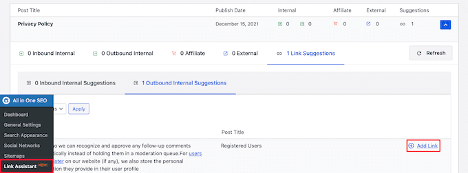 ajout de liens interne via link assistant deu plugin aioseo