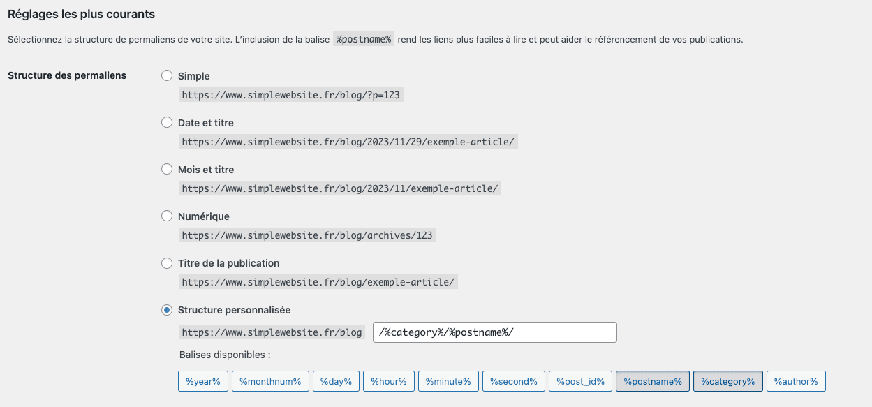 Réglages des permaliens wordpress