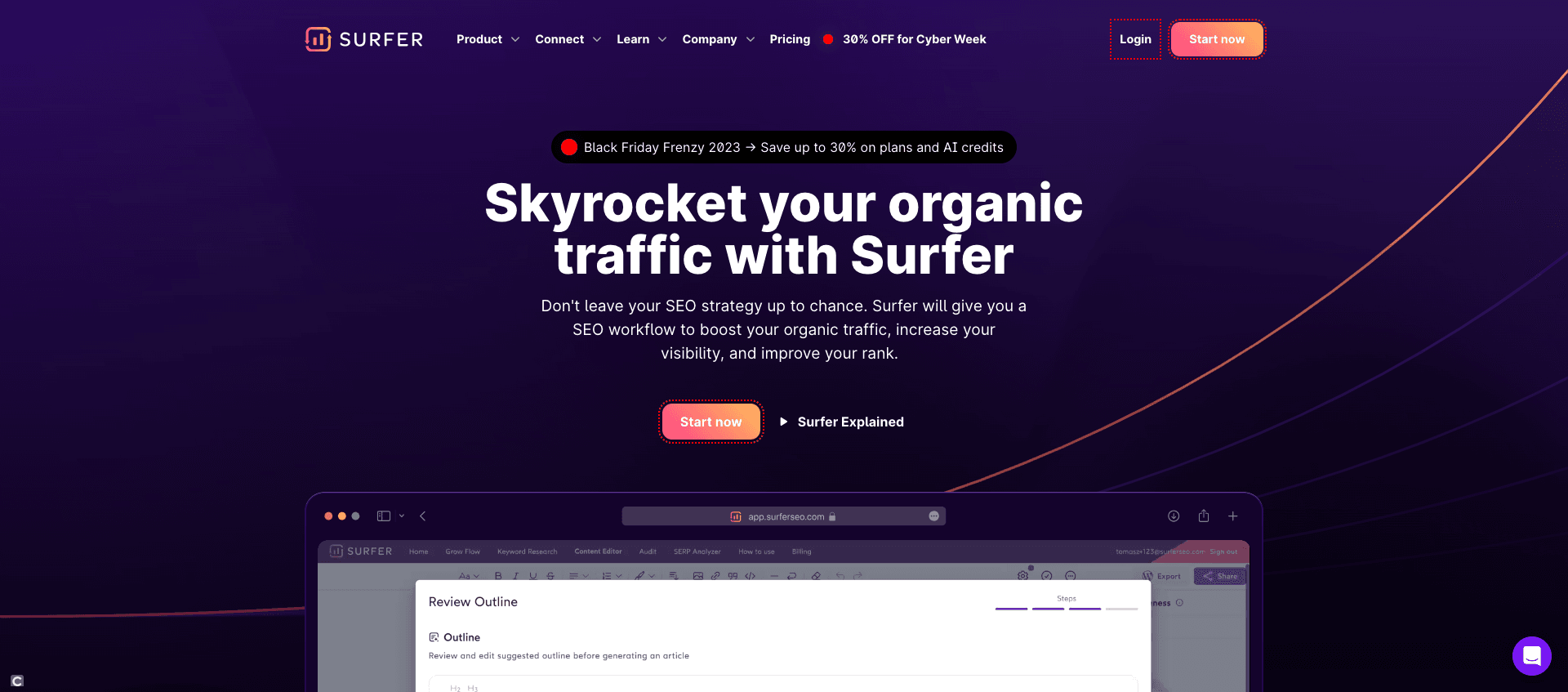 Page d'accueil de Surfer SEO