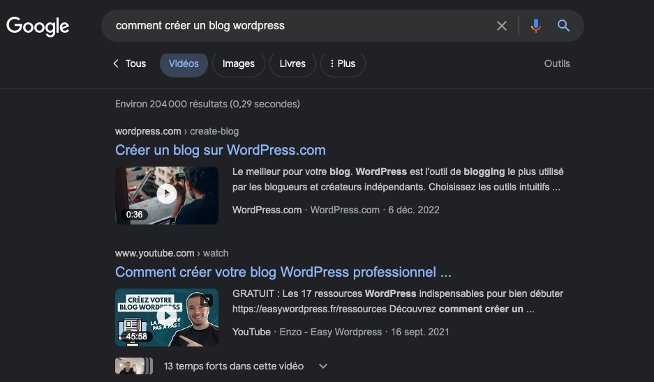 Vidéos disponibles sur google pour le mot clé "comment créer un blog wordpress"