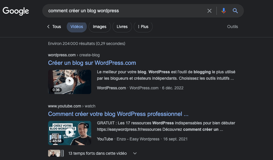 Vidéos disponibles sur google pour le mot clé