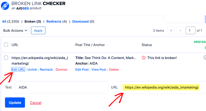 Modifier l'URL dans le vérificateur de liens brisés