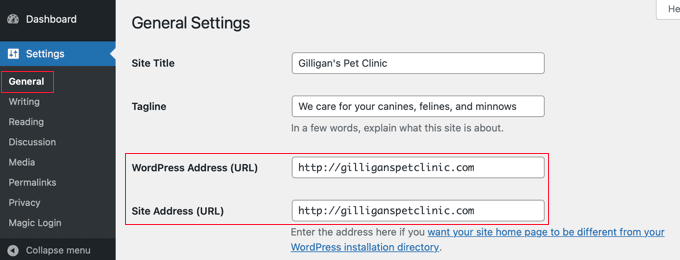 Remplacez l'adresse WordPress et l'URL du site par votre nouveau domaine