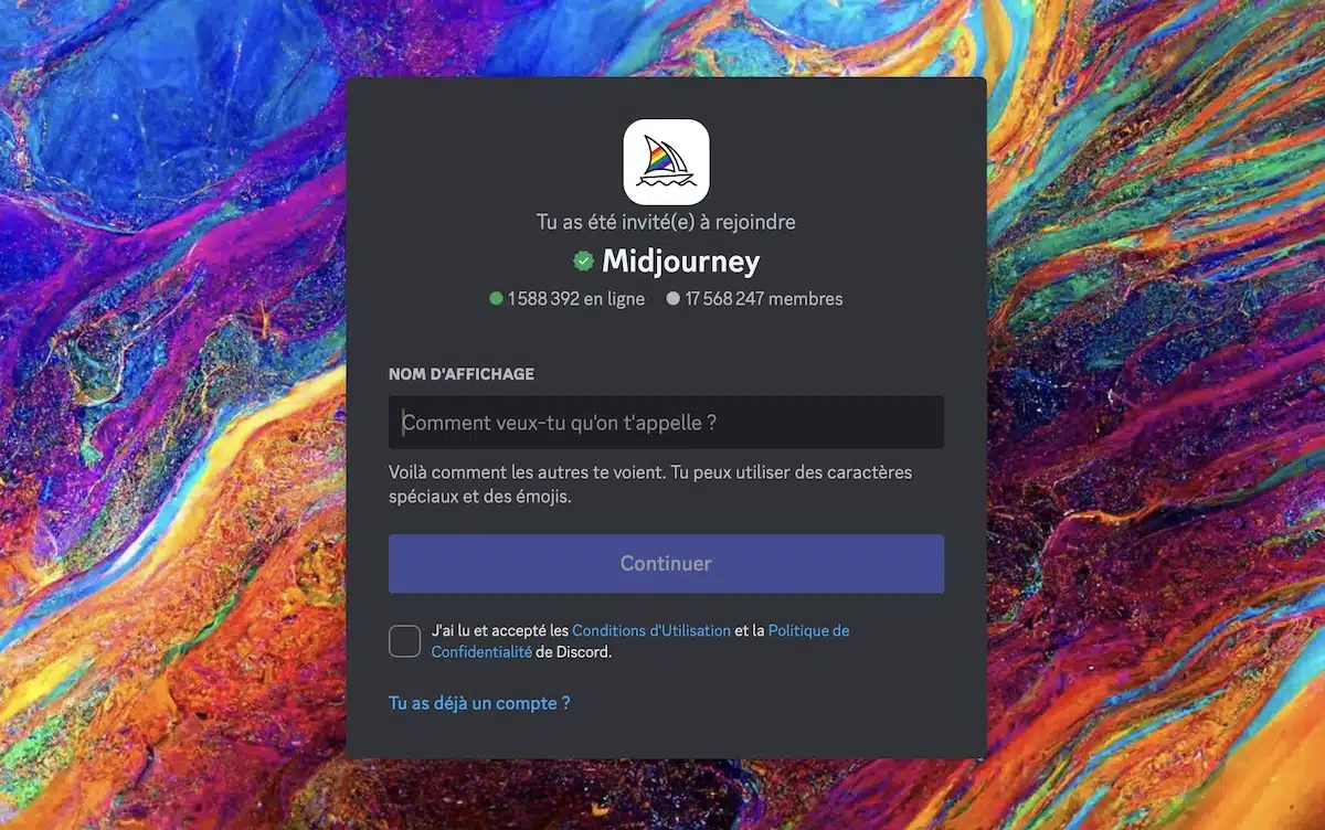 page d'accueil du discord midjourney
