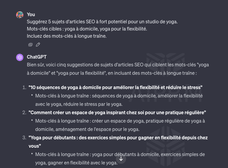 capture d'écran d'un prompt chatgpt pour le seo