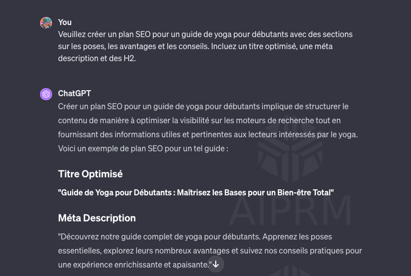 capture d'écran d'un prompt chatgpt pour le seo