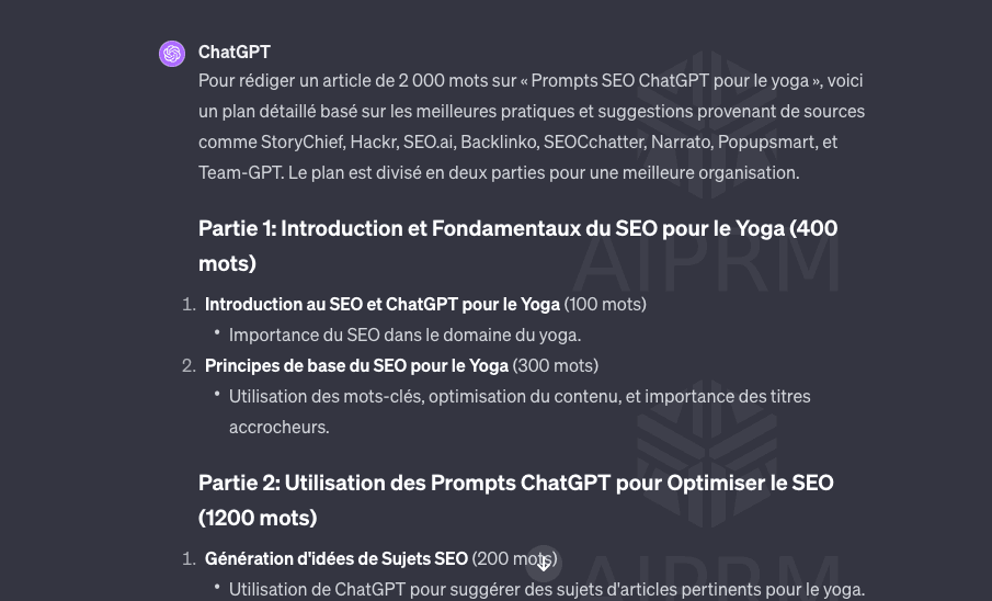 capture d'écran d'un prompt chatgpt pour créer un plan détaillé d'un article seo
