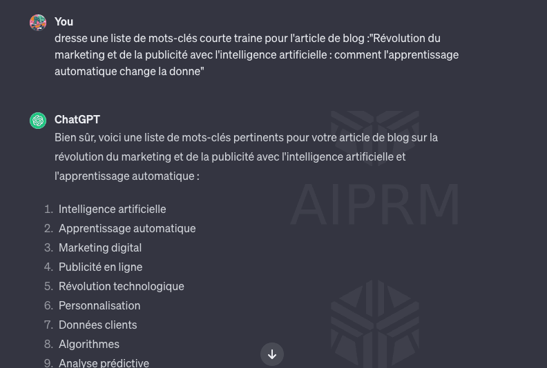 Faites une liste de mots-clés courts pour l'article de blog