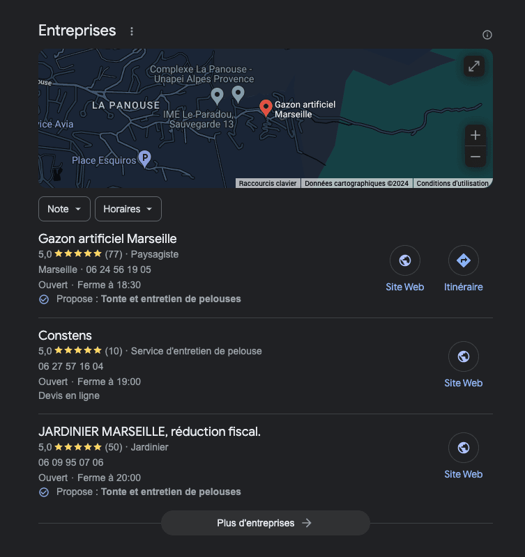 capture d'écran resultats locaux google pour un service d'entretien de pelouse à marseille
