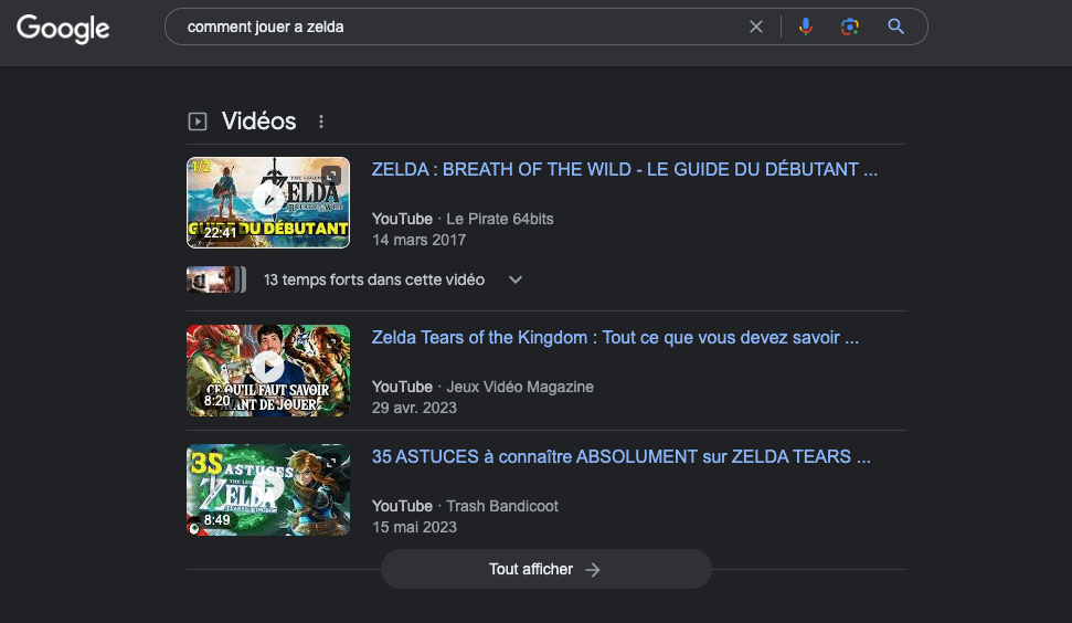 Exemple de résultat d'un « extrait enrichi » de vidéo dans Google