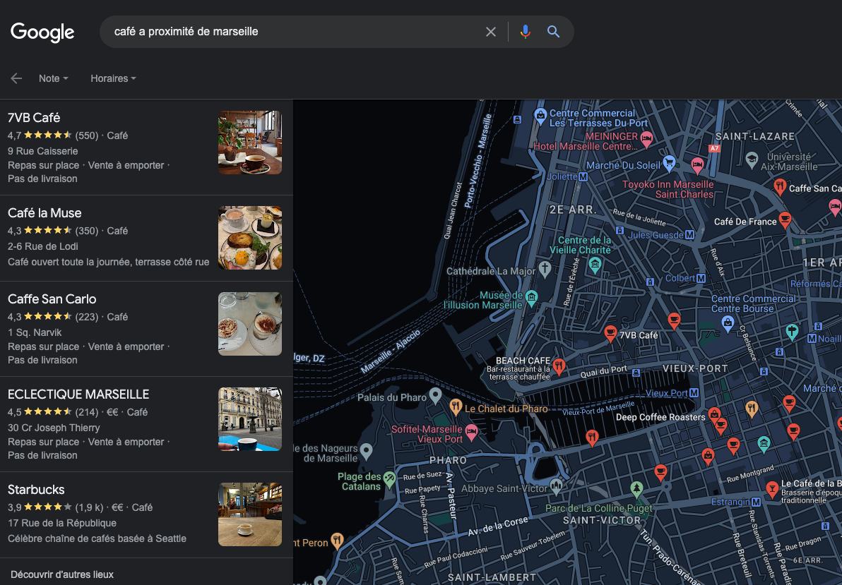 capture d'écran google map des cafés à proximité