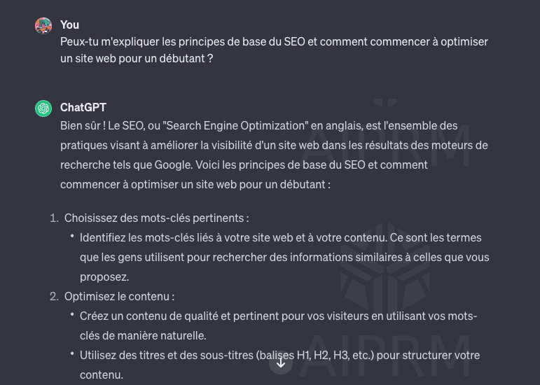 Exemple de prompt ChatGPT pour optimiser le SEO