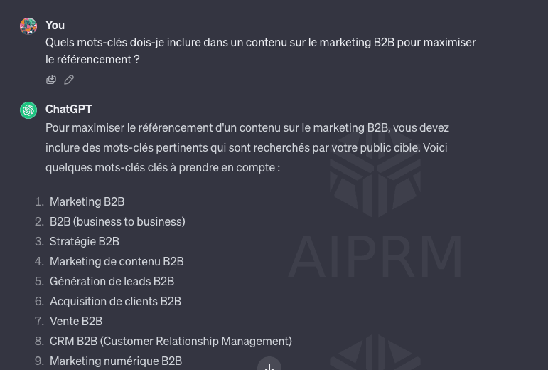 Capture d'écran de chatgpt : Idées de mots-clés pour le contenu marketing B2B