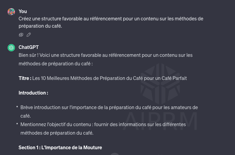 ChatGPT créant la structure d'un contenu
