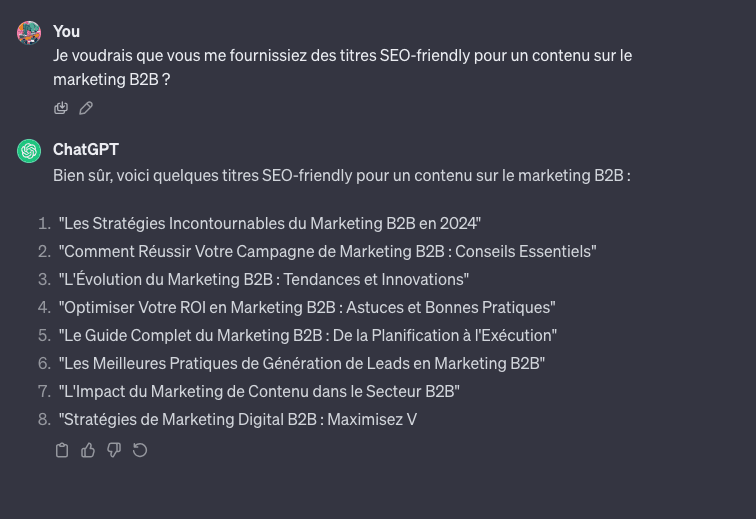 Suggestions de titres SEO-friendly de ChatGPT pour le contenu en marketing B2B