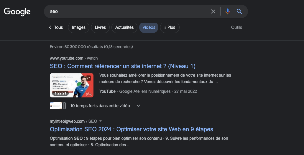 Page de résultats de recherche Google – Onglet « Vidéos »